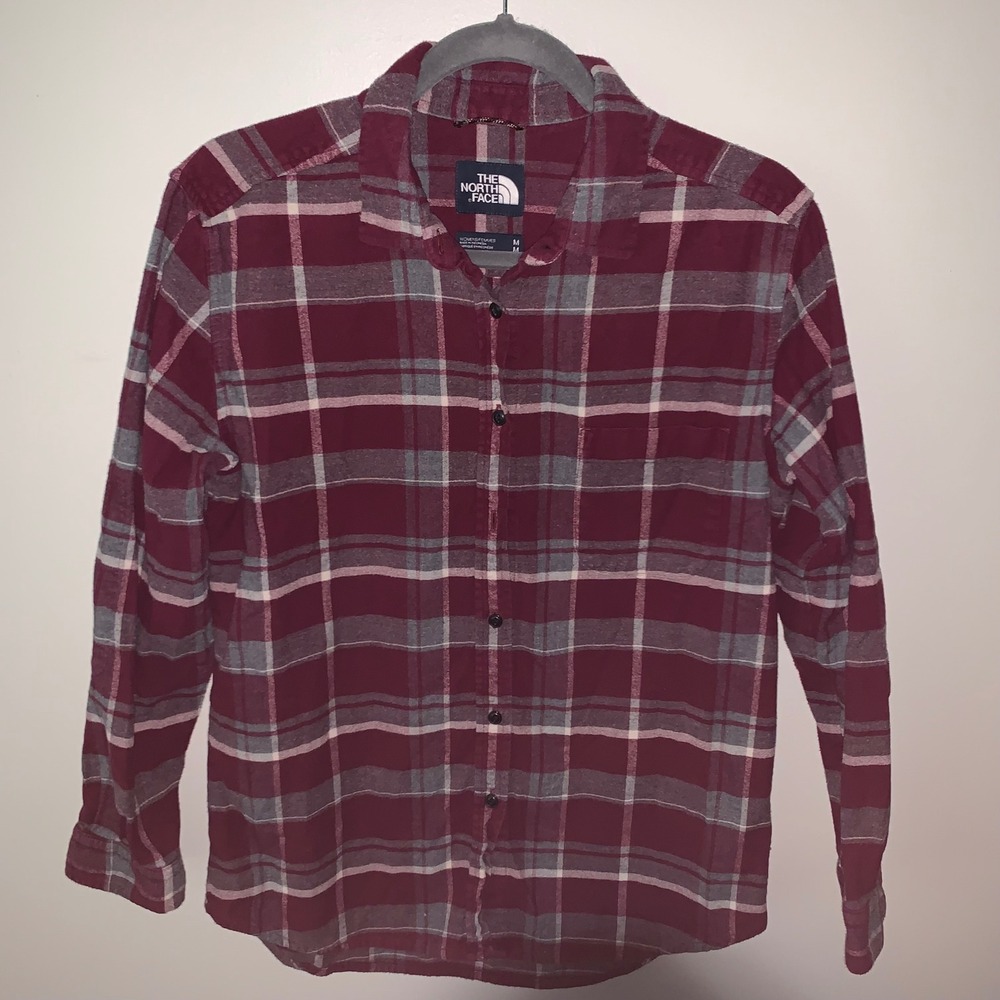 The North Face Womens M Maroon Plaid Flannel Button Down Long Sleeve Shirt